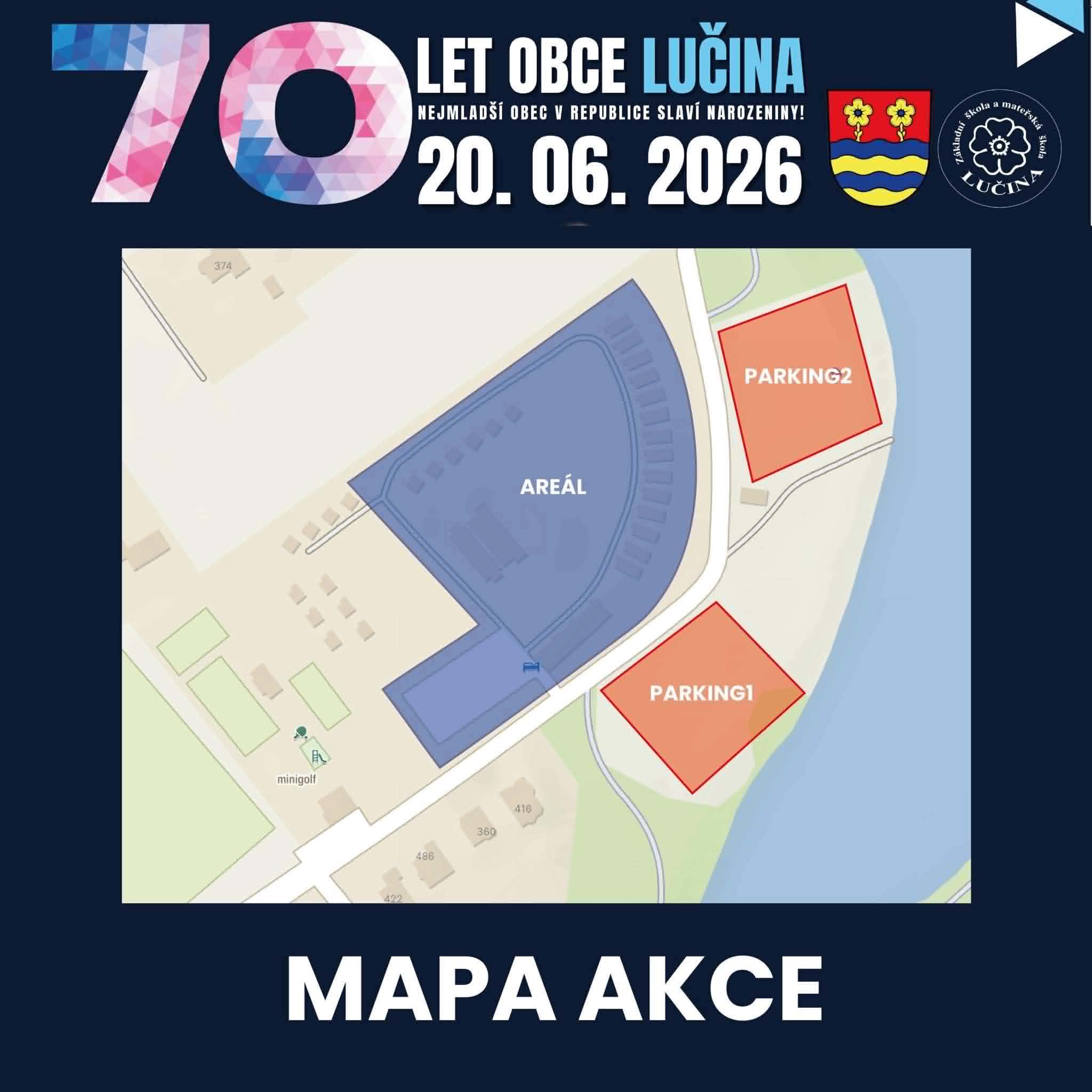 Mapa akce Dny obce Lučina – areál a parkoviště PARKING 1 a PARKING 2